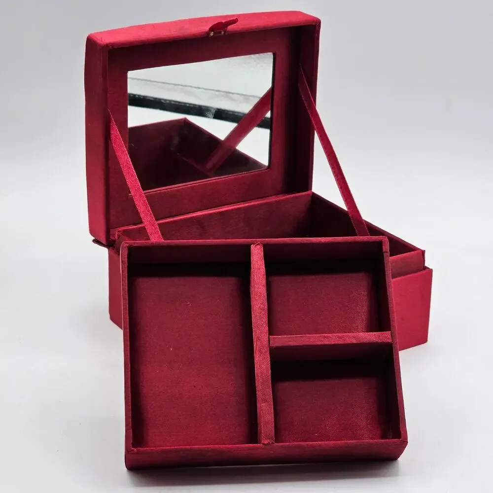 Red Satin Sequin Jewelry Box with Mirror Glam Vanity Organizer Boho Decor